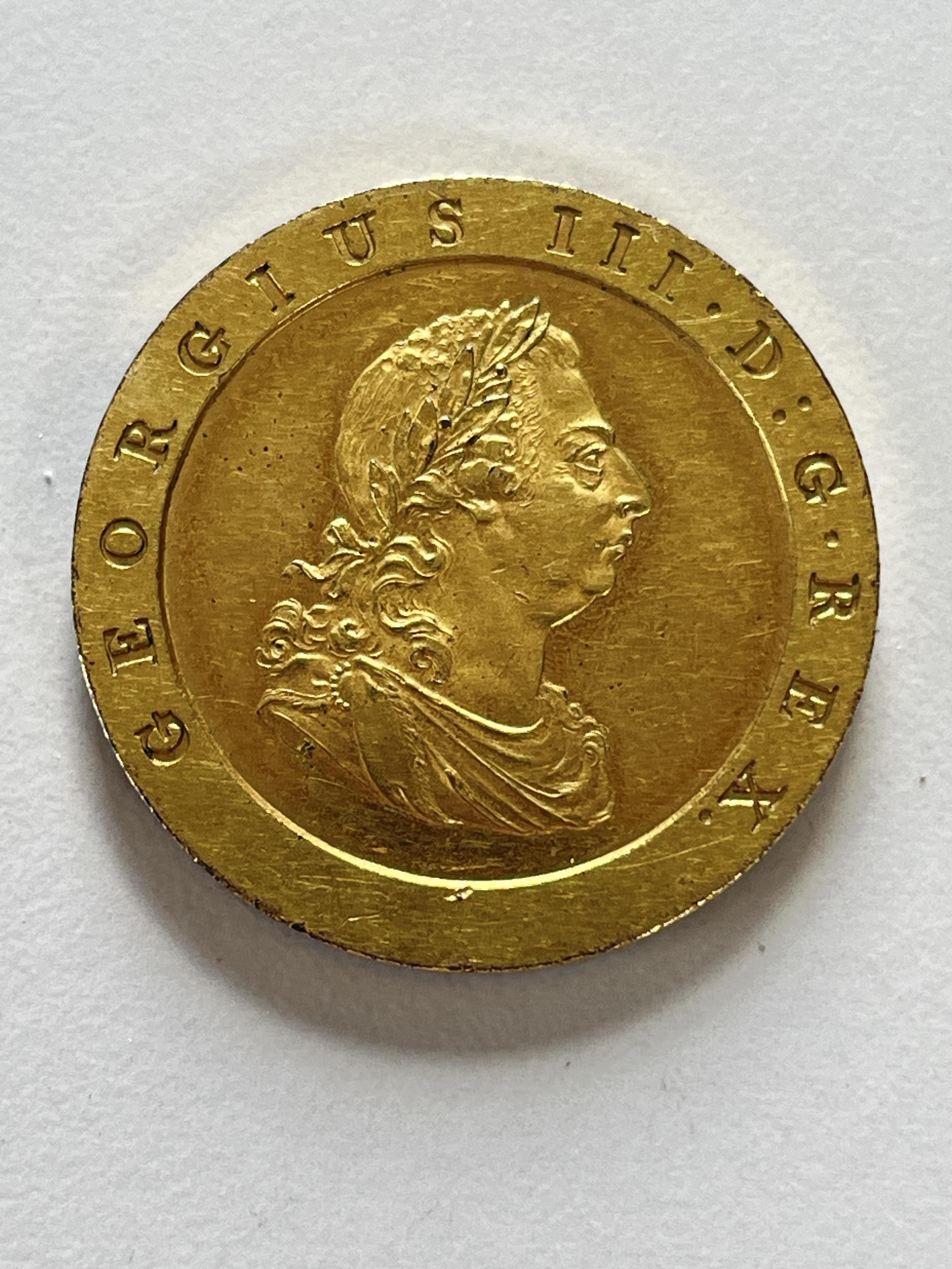 British Coins, George III, Proof Penny, 1797, late Soho, struck in gilt-copper, S. 3777, test-mark on edge at 10 o’clock, otherwise EF, very rare.